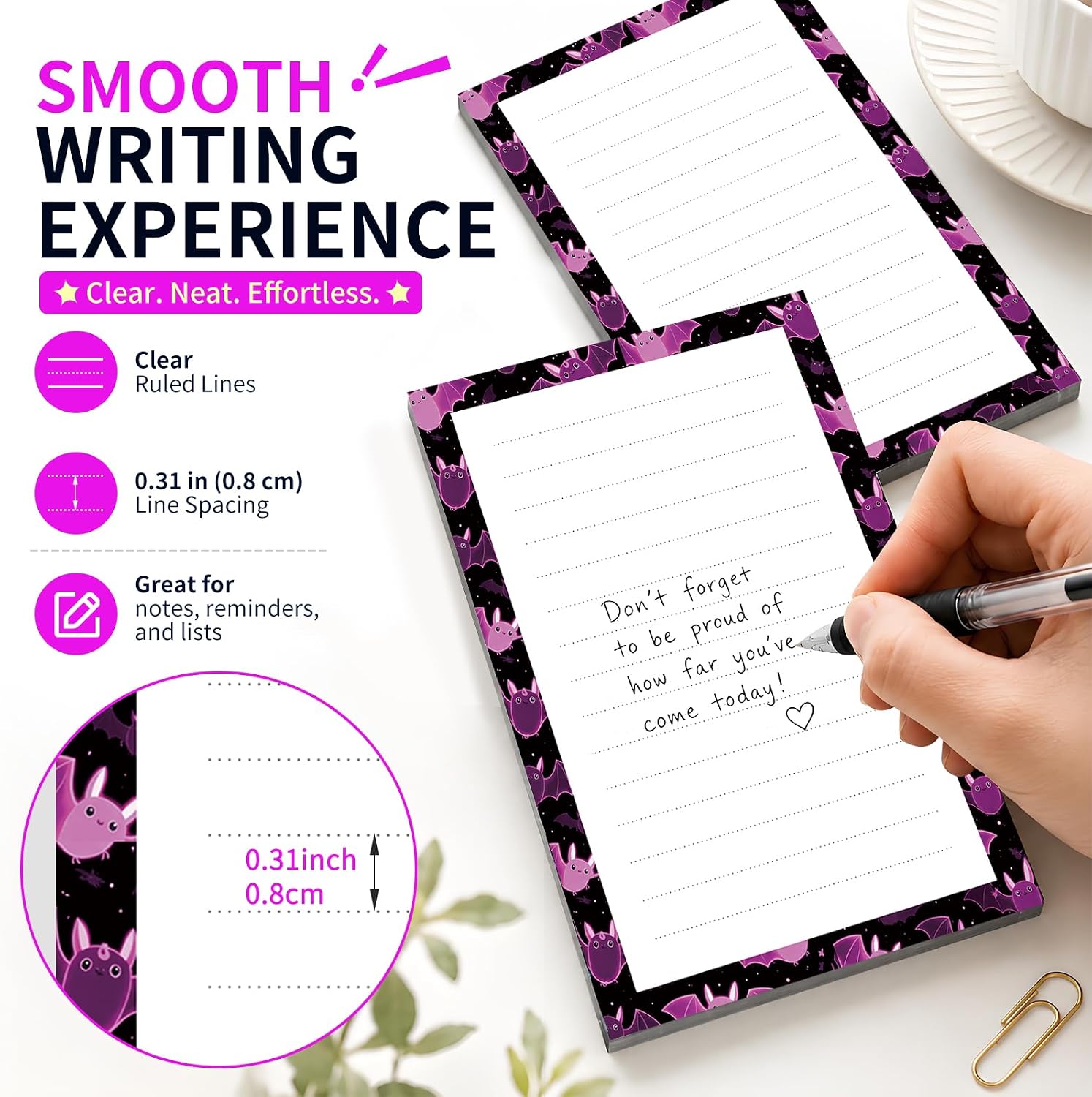 Lined Sticky Notes 4x6 in, 2 Pack Large Cute Notepads with Lines Self-Stick Note Pad, Funny Memo Pads Strong Adhesive for Office, Home Cute Purple Bats image 4