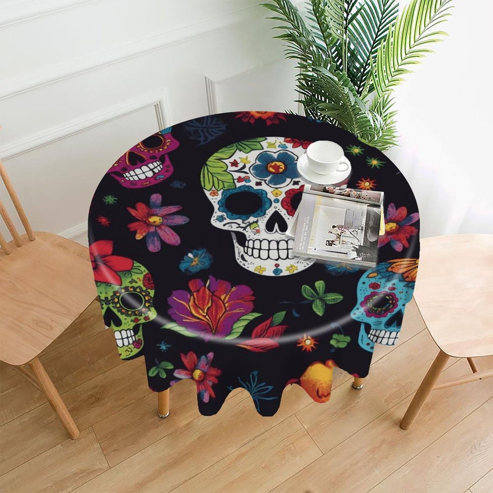 VstaDank Flower Cactus Sugar Skull Tablecloth Easy to Clean Polyester Round Table Cover Washable Round Table Cloth Wrinkle-Free Circle Decoration Tablecloth for Kitchen Dining Room 60"