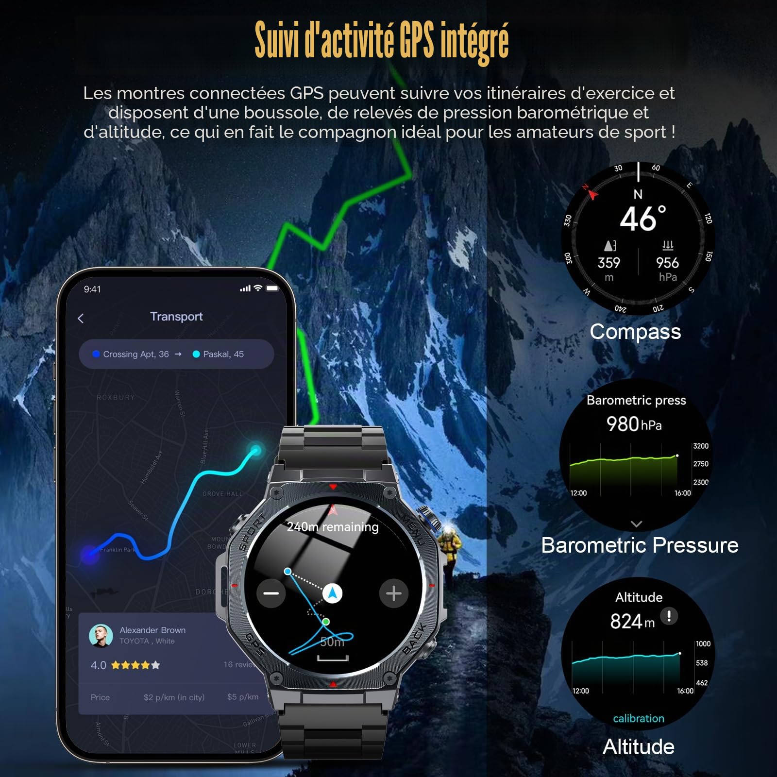 Militaire Montre Connectée Homme GPS, 1.43" AMOLED Smartwatch avec Appel Bluetooth, Étanche 5ATM, Montre Sport avec Podometre/Cardiofrequencemetre/Sommeil, 160+ Sportifs, Smart Watch pour Android IOS