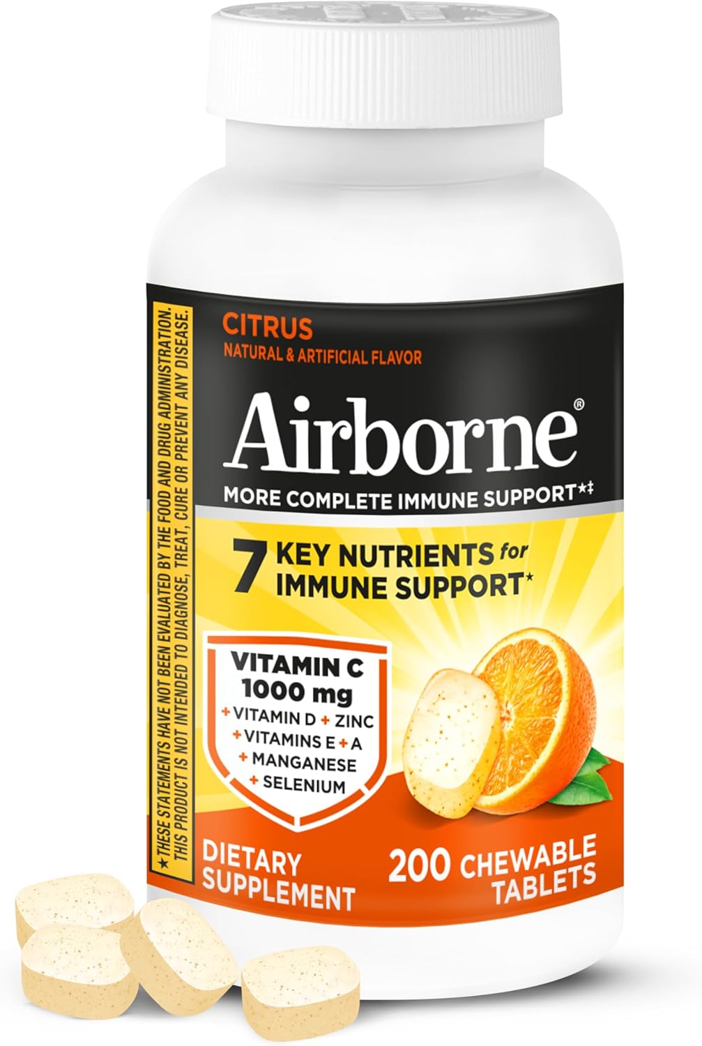 Airborne 1000mg Vitamin C with D and Zinc, Multivitamin Immune Support Supplement with Antioxidants A, C, and E, 200 Chewable Tablets, Citrus Flavor Airborne 1000mg Vitamin C with D and Zinc, Multivitamin Immune Support Supplement with Antioxidants A, C, and E, 200 Chewable Tablets, Citrus Flavor