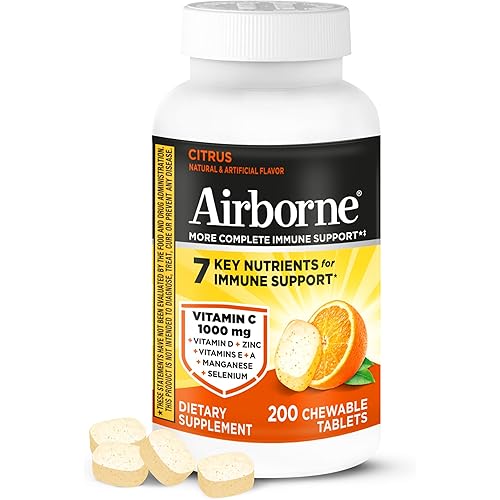 Airborne Citrus Chewable Tablets, 200ct | Immune Support Supplement with 1000mg Vitamin C + Vitamins A, D, E, Zinc,Selenium, & Manganese | Herbal Blend | Gluten Free