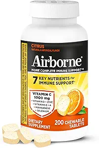 Airborne 1000mg Vitamin C with D and Zinc, Multivitamin Immune Support Supplement with Antioxidants A, C, and E, 200 Chewable Tablets, Citrus Flavor