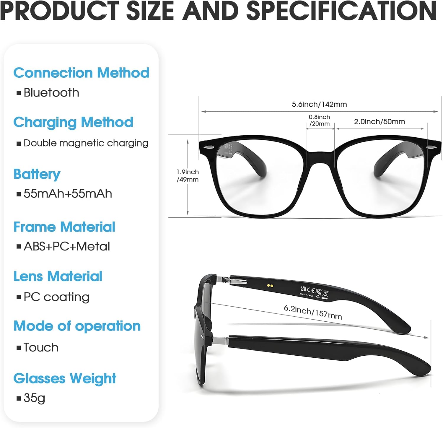 Smart Bluetooth Glasses for Men/Women,Open-Ear Audio Sunglasses,Real-Time Translation,Blue Light/UV400 Protection,Hall Induction Switch,for Work,Travel,Business,Daily (Black Frame/Transparent Lens)