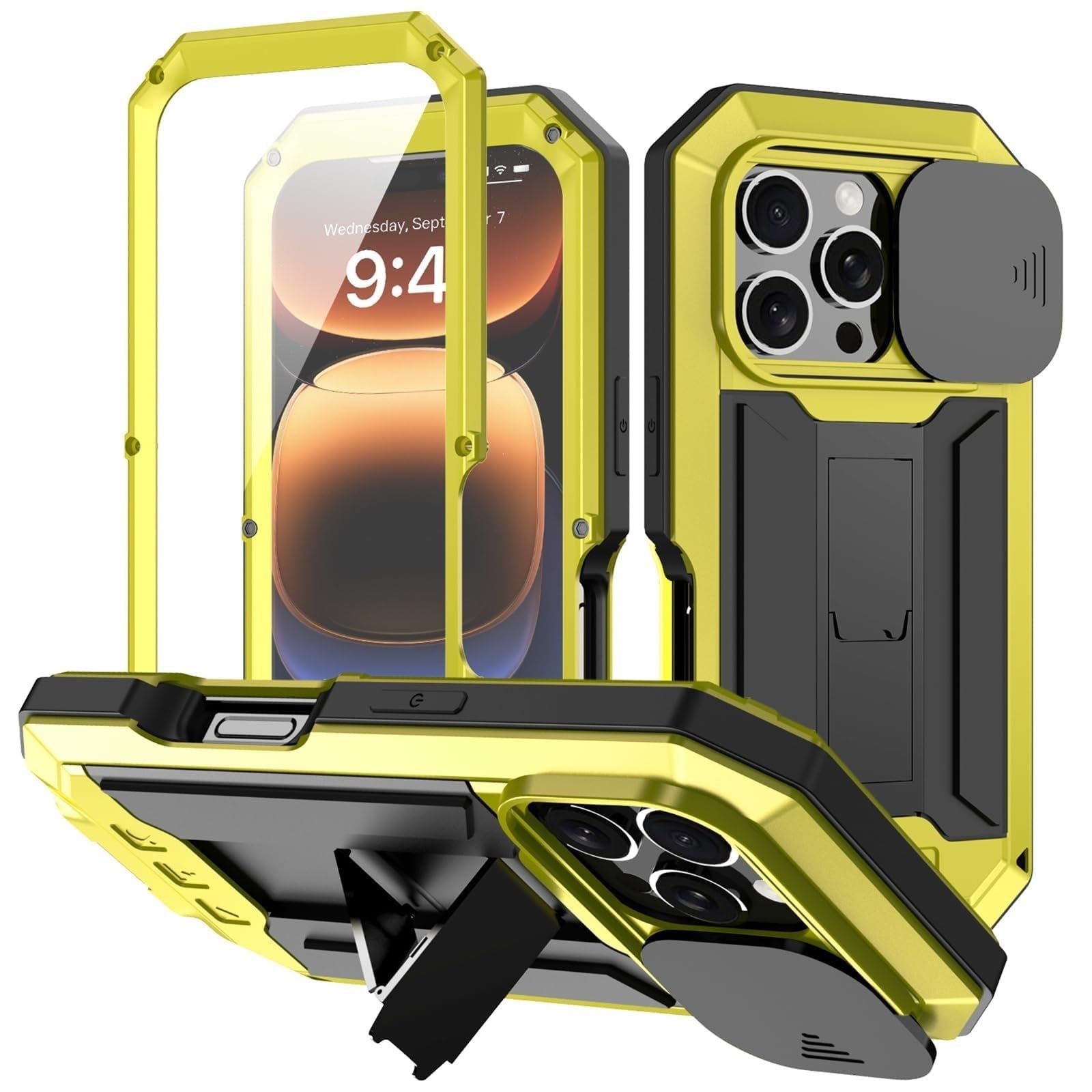 Genérico Funda para iPhone 16/16 Plus/16 Pro/16 por MAX Protectora Cámara Funda, Antisísmica Soporte Ajustable Agua con Protector Pantalla(Yellow,16 Pro MAX)