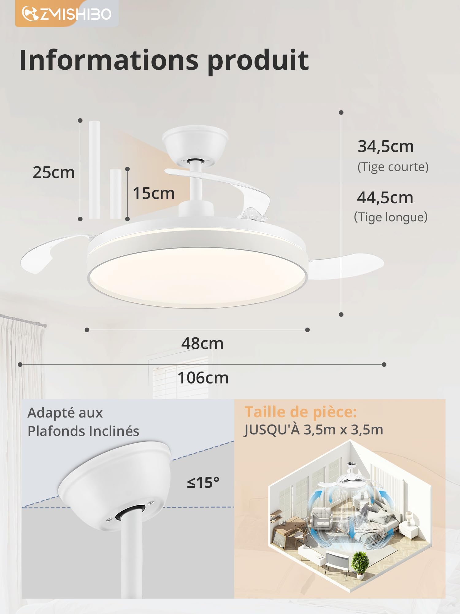 ZMISHIBO – Ventilateur de plafond avec lumière 106 cm, pales rétractables invisibles, CCT 3000K–6500K, fonction été & hiver, moteur DC 30 W + LED 38 W, 6 vitesses, silencieux, minuterie 2 h/4 h, blanc