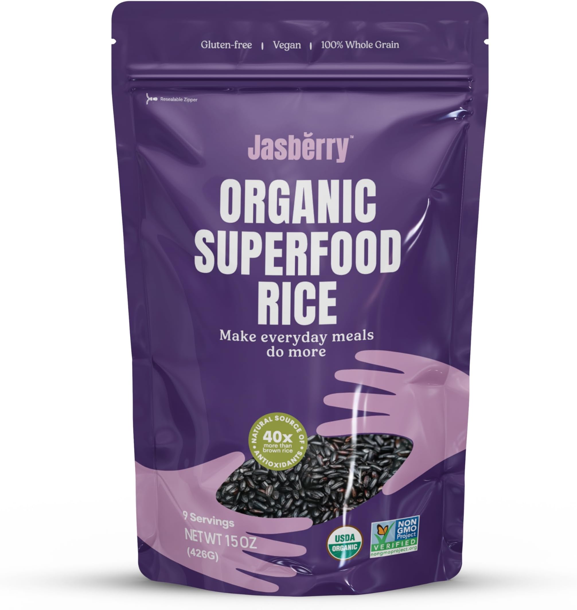 Jasberry Organic Superfood Rice 426g (Pack of 1) – High Antioxidant Whole Grain Purple Rice, Soft & Aromatic, Non-GMO, Gluten-Free, Vegan, USDA Certified Organic, Easy to Cook