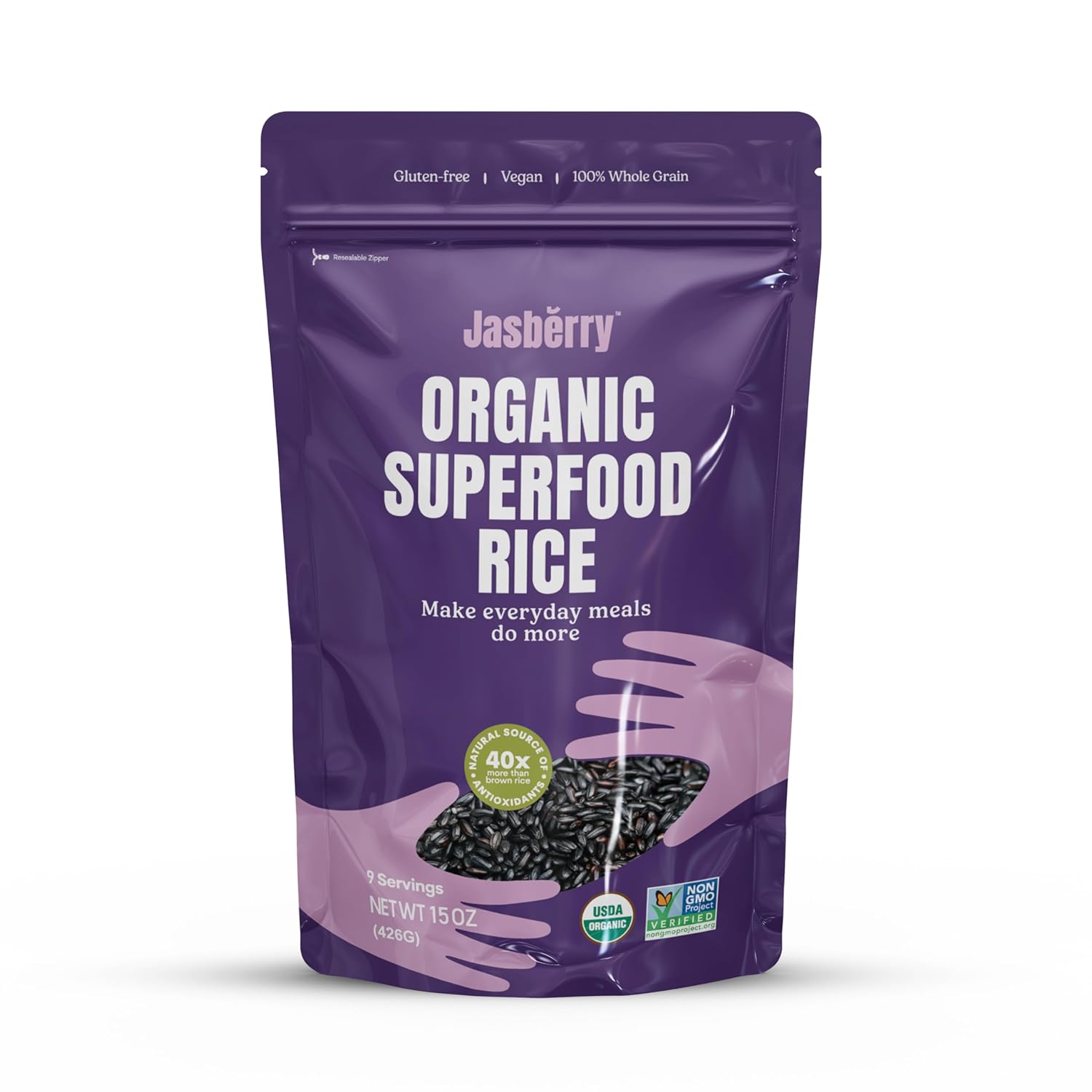 Jasberry - Organic Superfood Rice, Soft &amp; Aromatic Whole Grain Purple Rice, High in Antioxidants, Non-GMO, Gluten-free, Easy to cook, Versatile USDA Certified Organic, Vegan (15 Oz Resealable Zip 