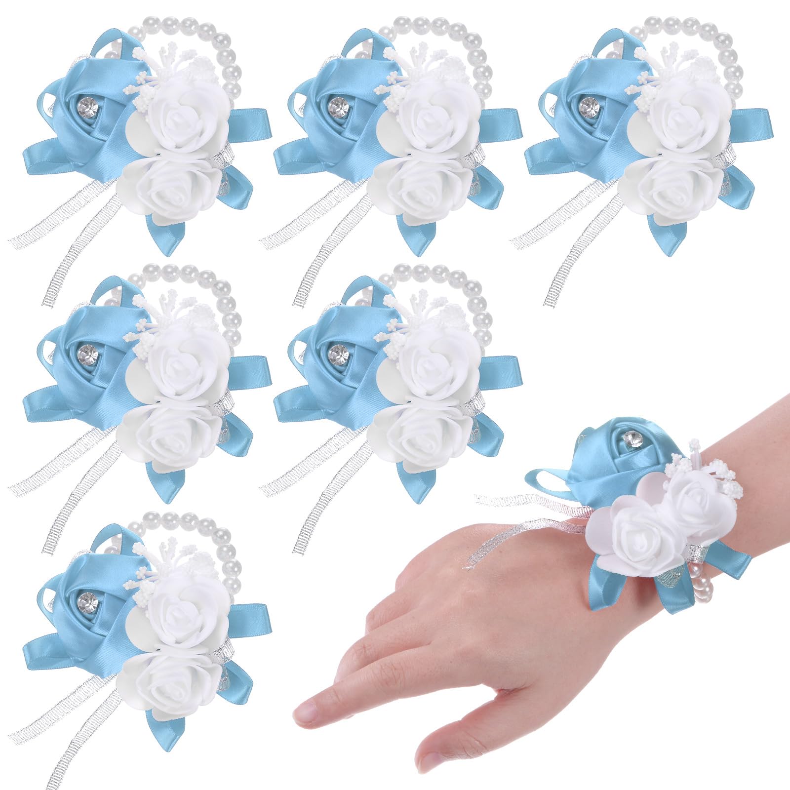 M METERXITY 6-Pack Sky Blue Elastic Pearl Wrist Corsage Bands Wristlets, Bridal Wrist Flower Hand Flower Decor for Wedding Bride Handmade Corsage