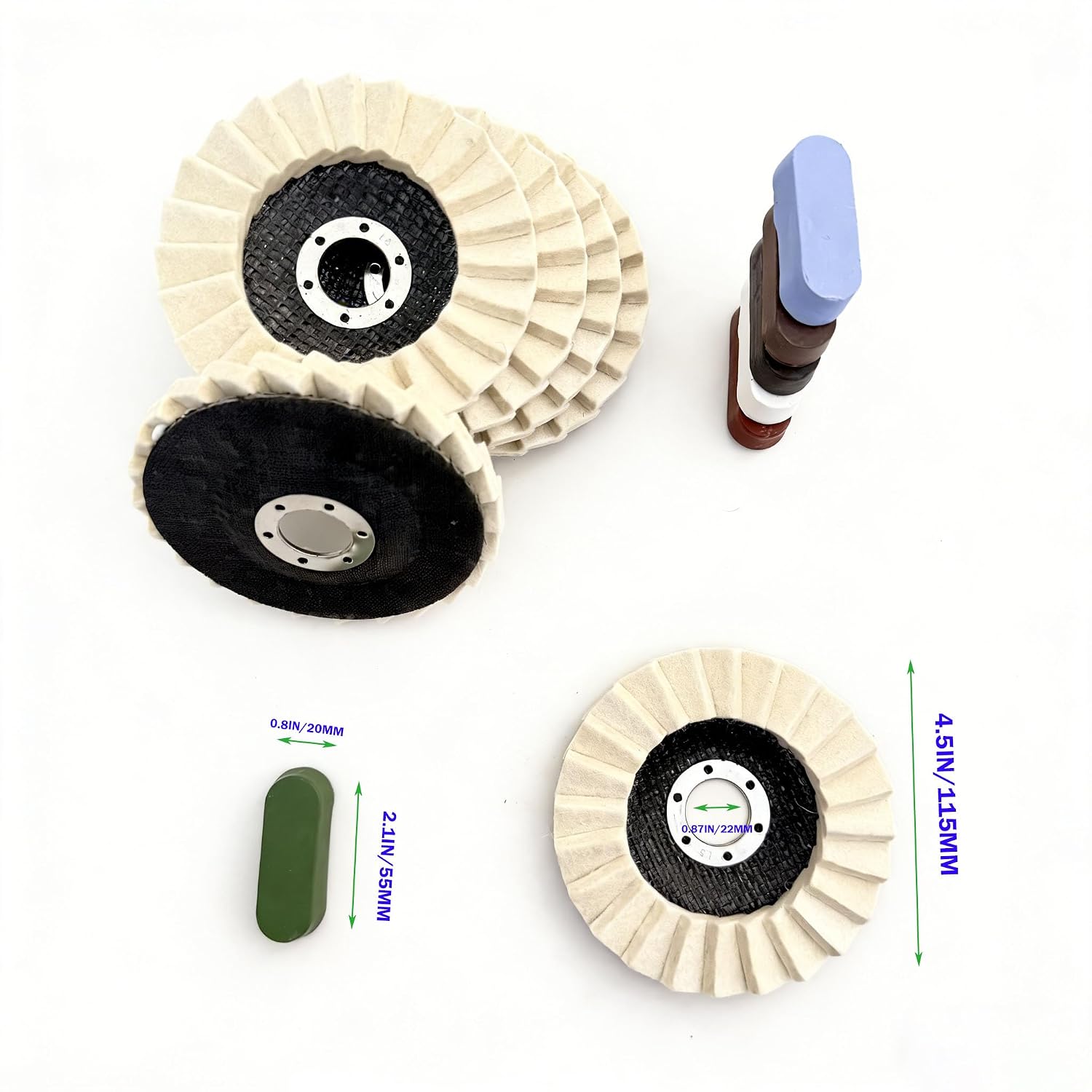 12PCS Wool Felt Polishing Wheel & Compound Kit for Angle Grinder | 6 Pcs 4.5" x 7/8" Felt Buffing Discs with Fiberglass Backing and 6 Polishing Compounds ， Mirror Finish