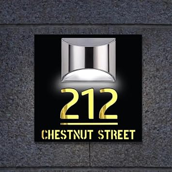 Personalized Solar Address Sign Lighted House Numbers,Personalized Solar Modern Door Plaque,Custom Address Plaque Street Name LED Illuminated Sign Outdoor Plaques Wall Art 30 * 30cm,Black Gold