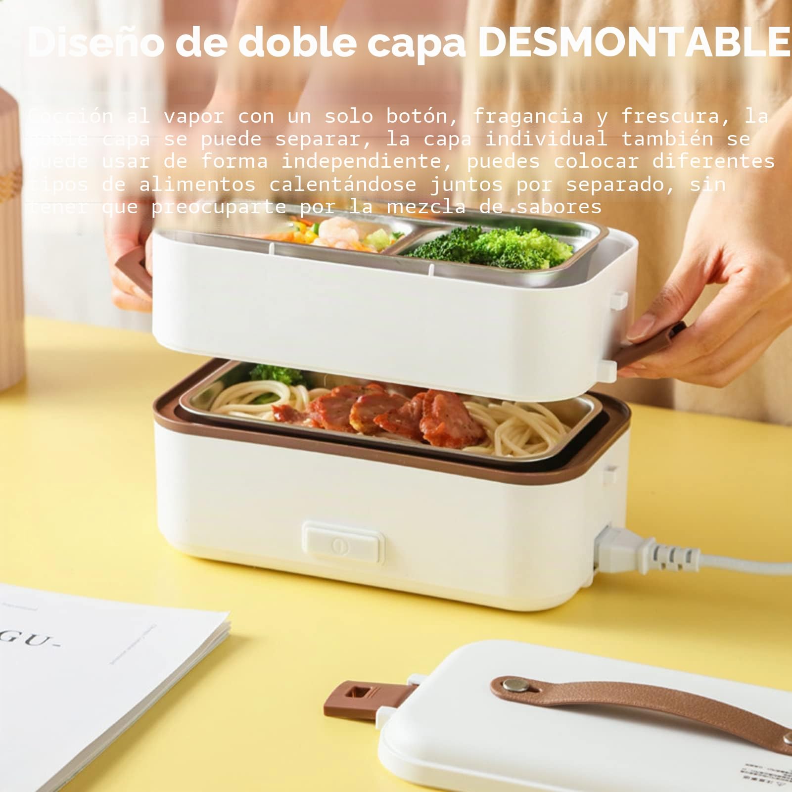 Fiambrera Eléctrica, Calentador de Alimentos Portátil para el Hogar, Oficina, Escuela, 2 Capas, Fiambrera de Vapor, 20 Minutos de Calentamiento Rápido con Recipiente Extraíble de Acero(0.8L/220V)
