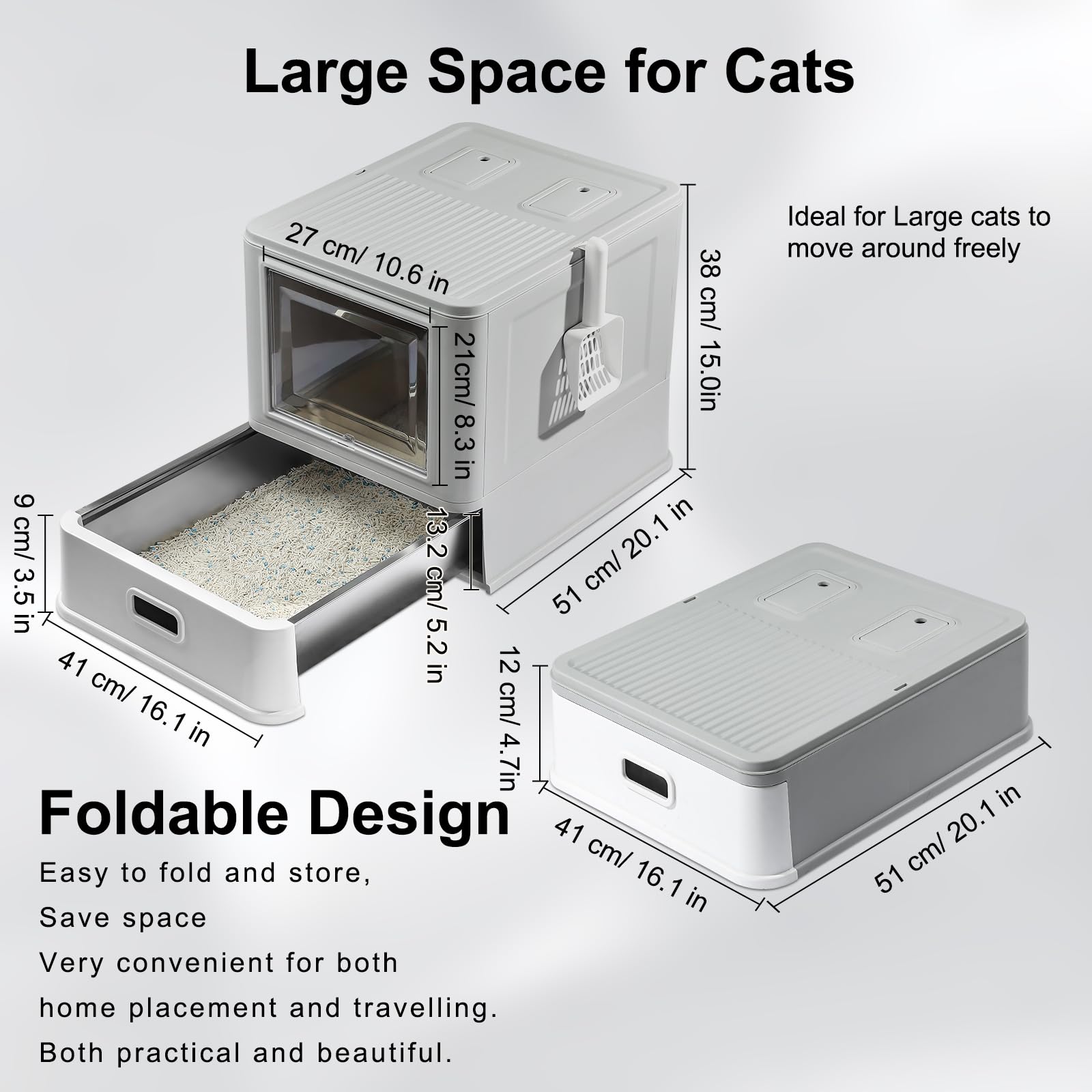 Marchul Enclosed Stainless Steel Cat Litter Box with Lid & Drawer Design, XL Extra Large for Indoor Cats, Metal Covered Cat Litter Box, Baffles for Anti-Leakag, with Litter Scoop & Litter Mat