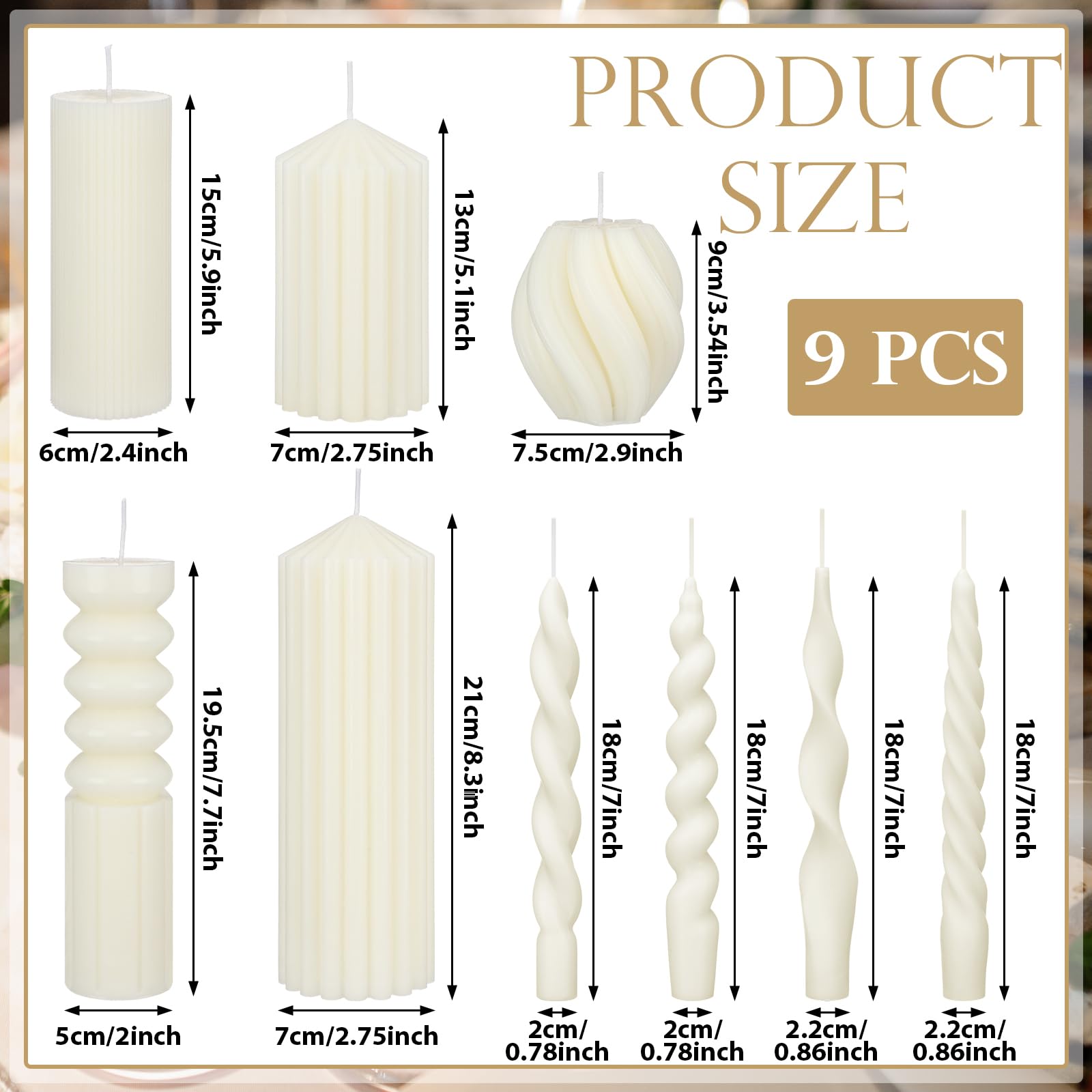 Nuanchu 9 Pcs White Modern Decorative Candles Set 5 Pillar Aesthetic Ribbed Candles 4 Spiral Taper Twisted Candlesticks Scented Smokeless Soy Wax for Wedding Holiday Dinner Home Decorations