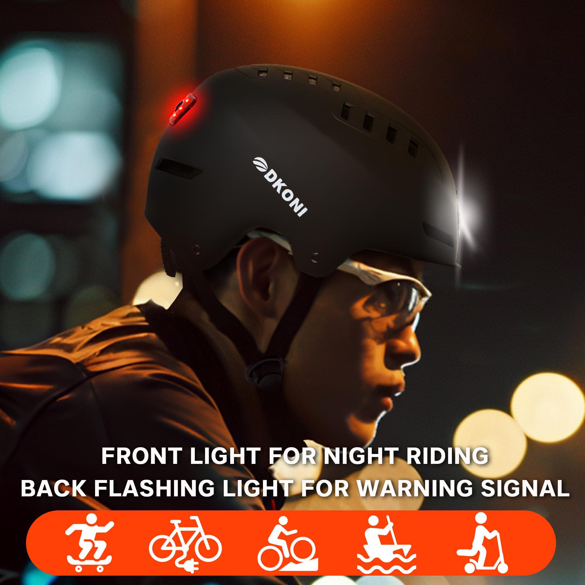DKONI Casco de Bicicleta con Luces LED, Casco de Bicicleta para Viajes, Casco de Ciclismo Recargable por USB, Casco de luz LED Frontal y Trasera para Adultos, Hombres y Mujeres (Negro, L: 56-61 cm)