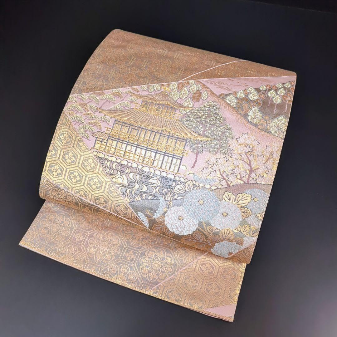 H-383 袋帯 正絹 六通 金糸 銀糸 金閣寺 亀甲 牡丹
