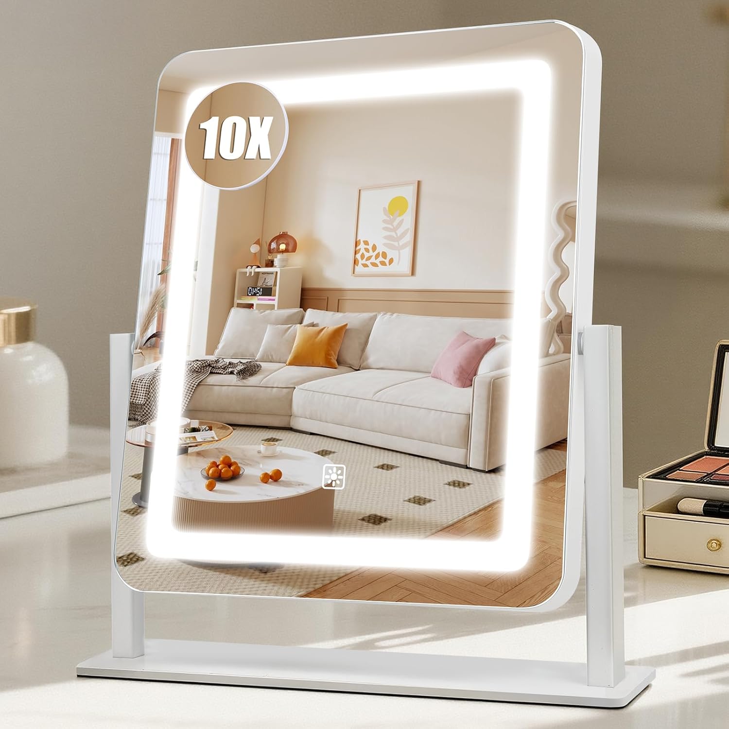 Rechargeable Vanity Mirror with Lights, 3000mAH Battery, 15"×12.2" LED Makeup Mirror, 10X Magnification, Smart Touch with 3-Color Lighting, 360° Rotation, Lighted Up for Makeup Desk, Bedroom (White)