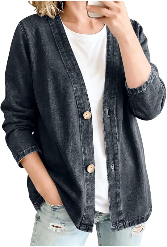 Cárdigan vaquero con cuello en V y manga 3/4 para mujer campera vaquera ligera | Cárdigan de mezclilla con botones frontales abiertos y bolsillos laterales, ropa de abrigo informal de corte holgado para mujer, capas diarias, primavera y otoño