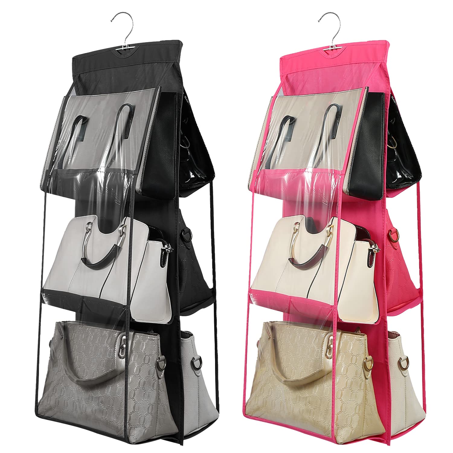 OxbOw 2Pcs Combo 6 Pocket Handbag Organizer, Bag Organiser For Ladies Handbags, Purse Organiser For Handbag, Closet Organizer For Wardrobe, Tote Bag Hanger, 90 X 35 X 35 Cm (Black+Pink)