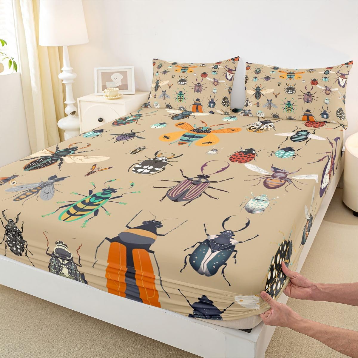 Castle Fairy Bug Beetles Fitted Sheet Set for Kids Girls Boys Colorful Natural Wildlife Bedding Set for Room Decor Bright Cute Ladybugs Twin Size 3Pcs(1 Fitted+1 Flat+1 Pillowcase) Dark Beige Yellow image 4