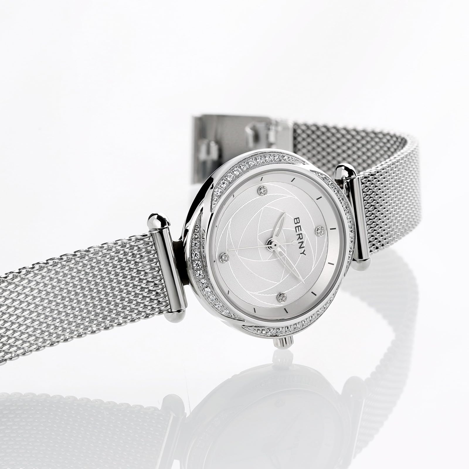 BERNY Mujeres Reloj Dainty Ladies Relojes de Pulsera de Acero Inoxidable de Malla de Banda a Prueba de Agua de Oro Relojes