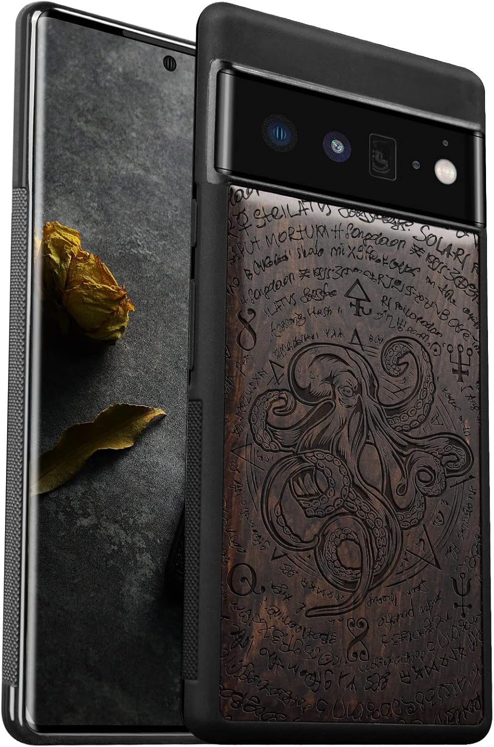 Carveit Wood Case for Pixel 6 Pro Case [Natural Wood & Black Soft TPU] Shockproof Protective Wooden Cover Compatible with Google Pixel 6 Pro (Octopus of Old Manuscript-Blackwood)