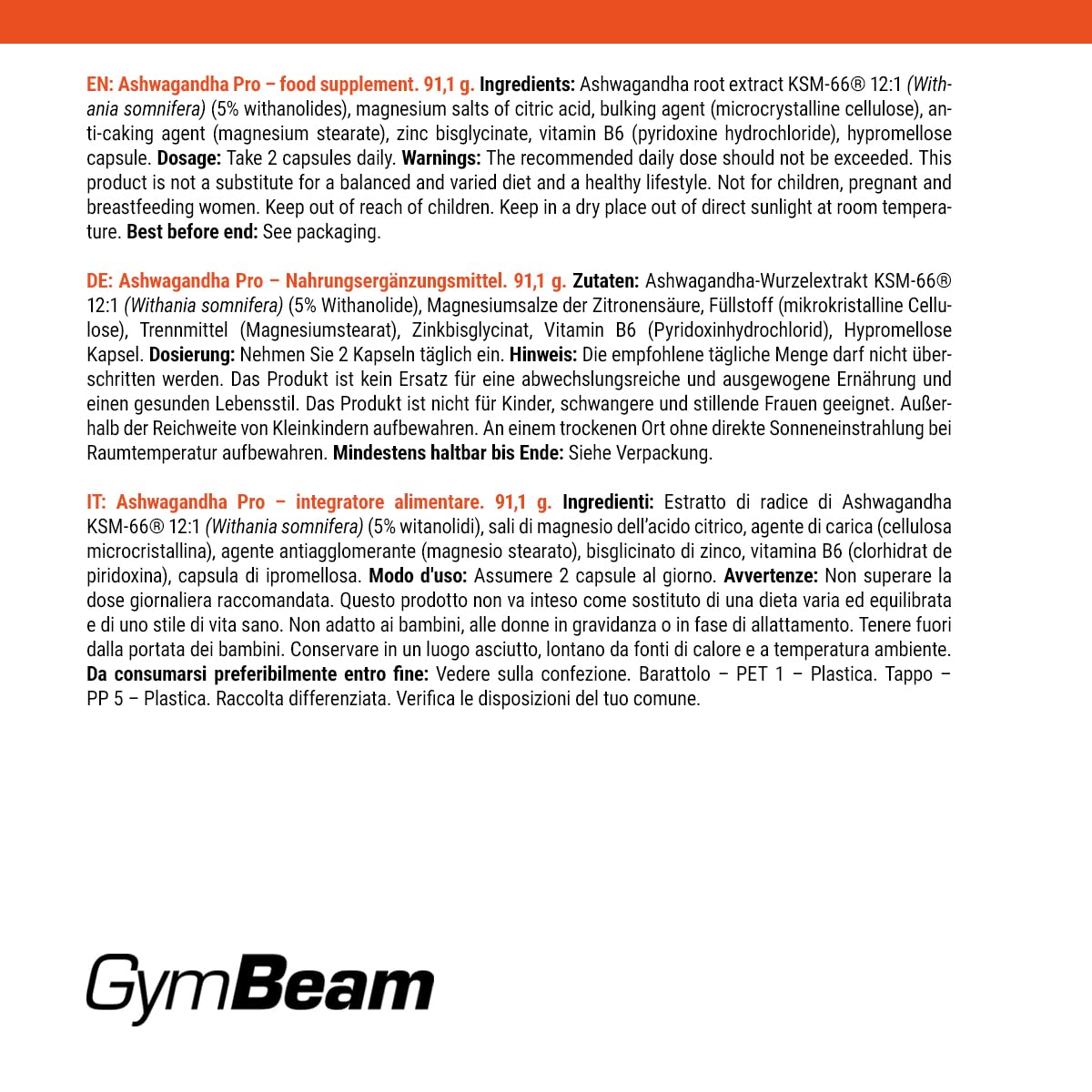 GymBeam Ashwagandha Pro in Capsule, Estratto Vegetale di Ginseng Indiano, Adattogeno per la Salute Mentale e il Sonno, con Magnesio, Zinco e Vitamina B6, Ricco di Withanolidi e KSM-66