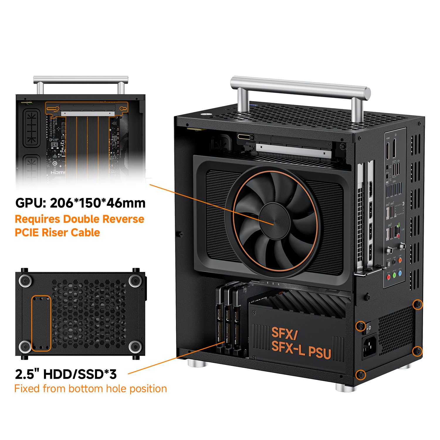 Custodia per PC Mini ITX, supporto SFX SFX-L PSU, raffreddamento CPU 70 mm e GPU 206 mm, custodia portatile per computer con fattore di forma ridotto con manico staccabile, nero