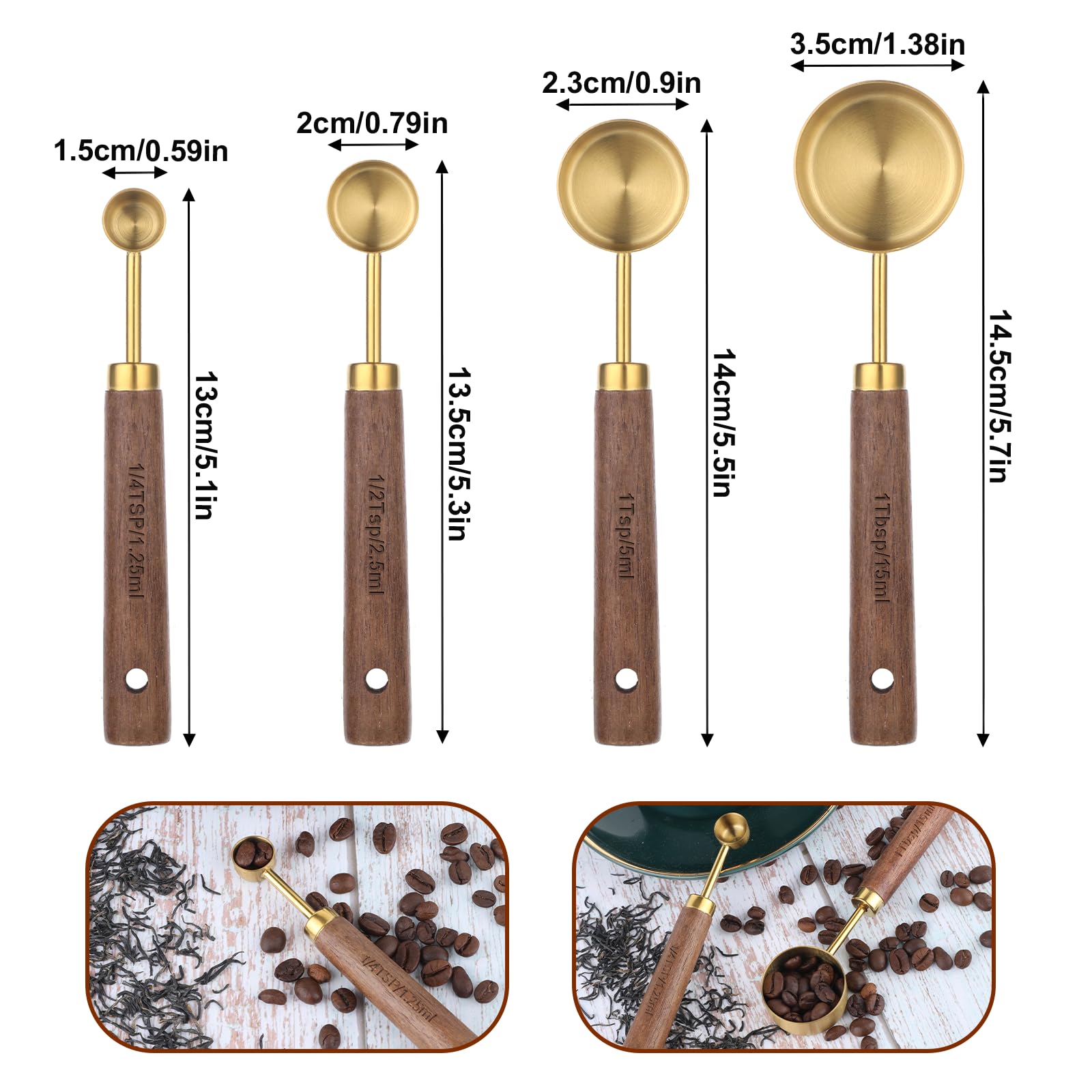 JJUNW 4 Stück Messlöffel Set, Edelstahl Teelöffel Messlöffel mit Holzgriff Mini Löffel Gewürzlöffel, 1/4 TSP, 1/2 TSP, 1 TSP, 1 TBSP Messlöffel zum Backen von Speisen