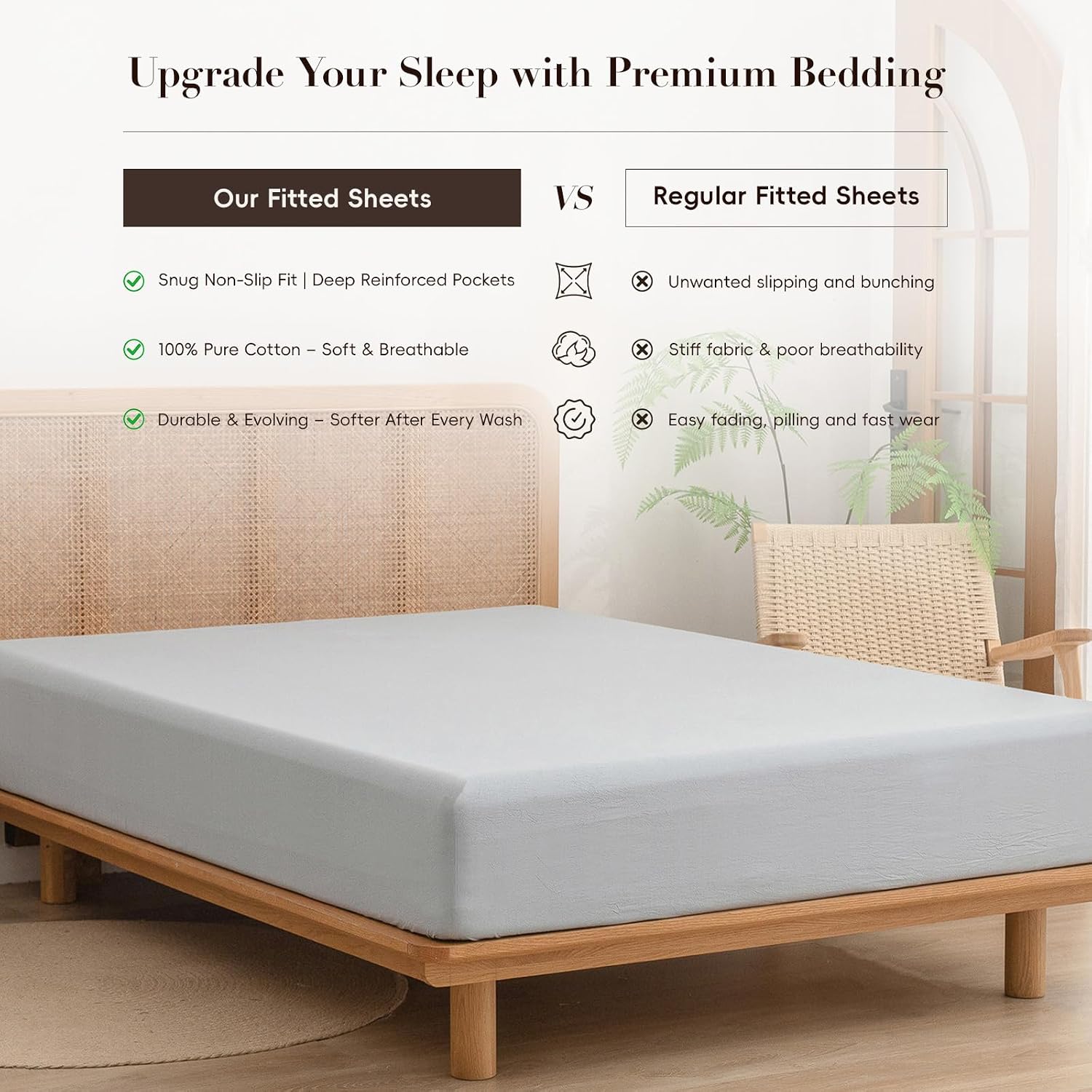 BESTOUCH King Fitted Bottom Sheet：Breathable 100% Washed Cotton Linen-Like | 16-19 Inch Deep Pocket Fits Mattress - Fade Resistant Soft Comfy Durable Easy Care
