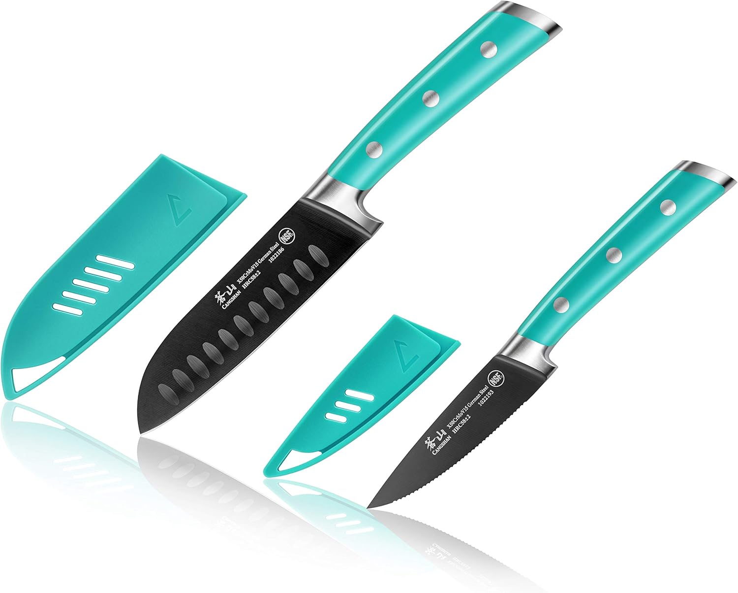 Cangshan S+ Series 1022117 German Steel Forged 2-Piece Titanium Coated Santoku Starter Knife Set with Sheaths, French Teal