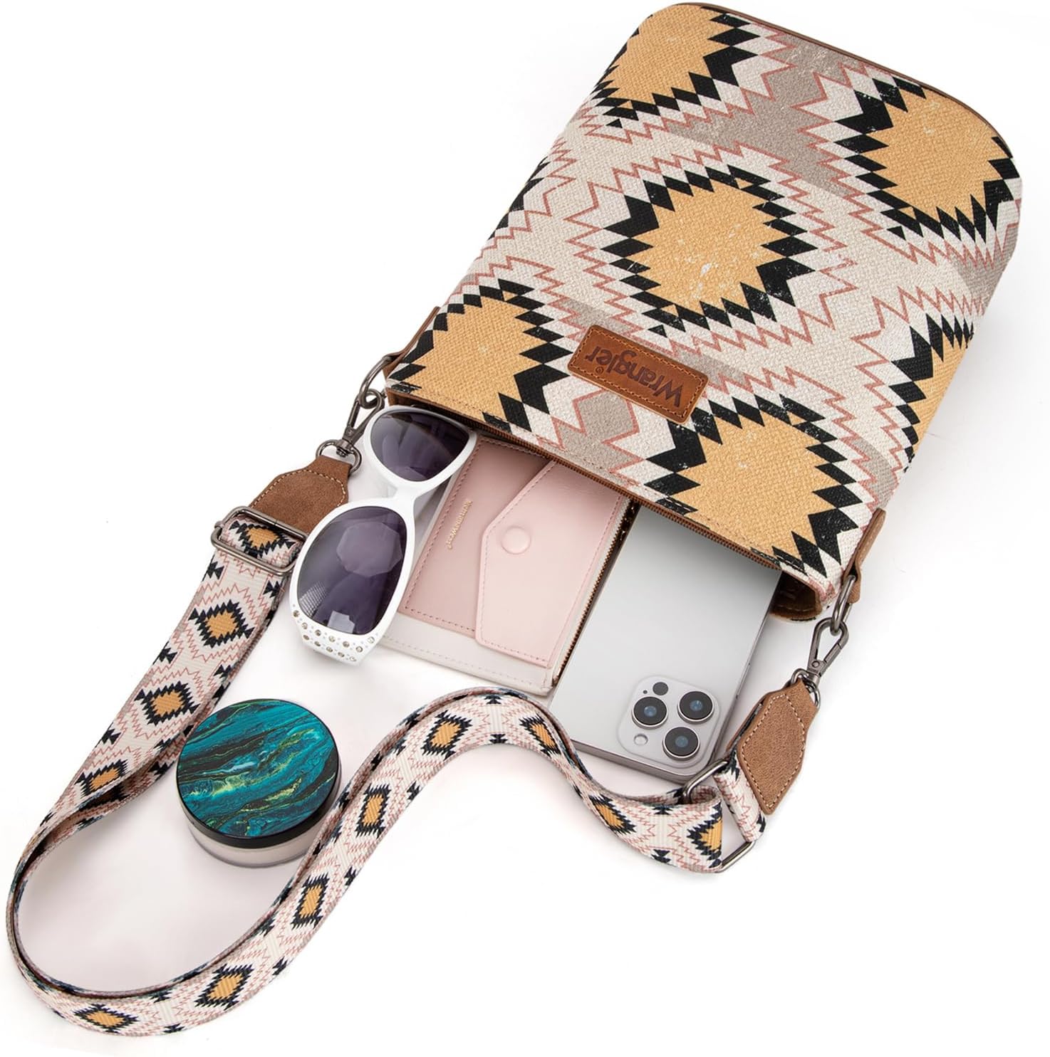 Wrangler Aztec Crossbody Bags for Women Southwestern Print Canvas Shoulder Purse with Distressed Look and Adjustable Strap - Image 5