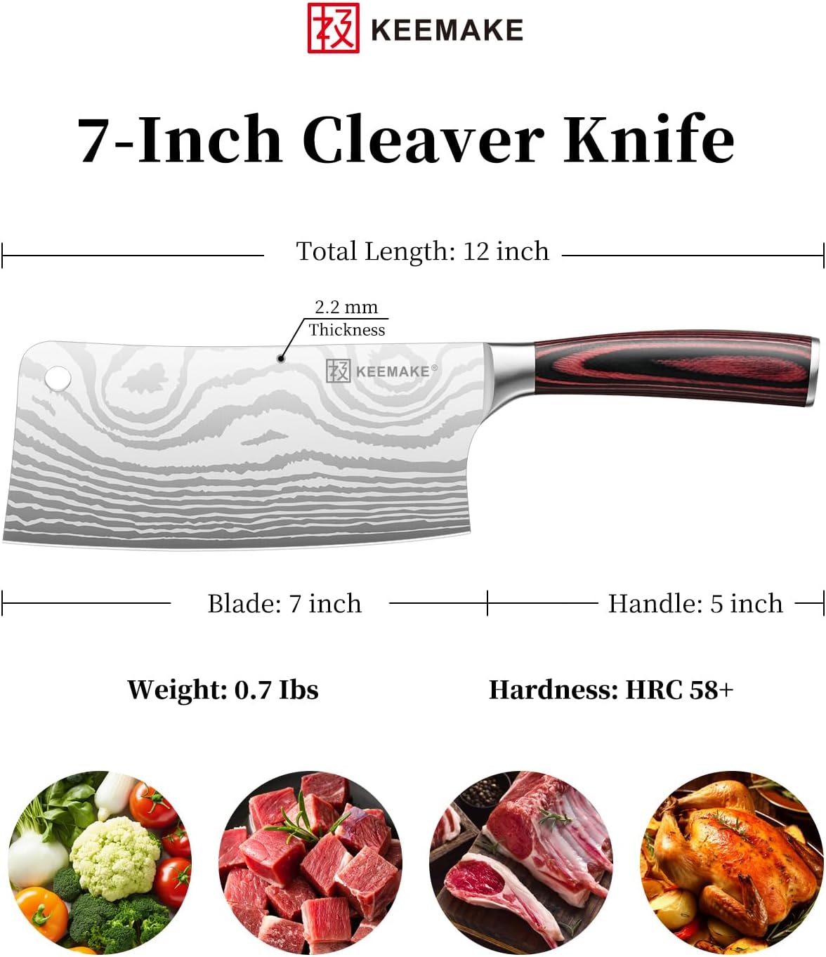 KEEMAKE Meat Cleaver Knife 7-Inch Razor Sharp High Carbon Steel Kitchen Knife, Butcher Knife Perfect for Chopping Meat & Veggies, Pakkawood Handle Ideal for Home & Professional Chefs, W/Sheath - Image 2