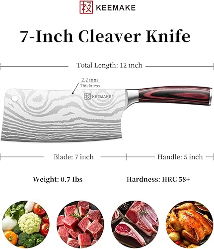 Miniatura 9 de KEEMAKE Cuchillo de carnicero de 7 pulgadas, cuchillo de carne resistente con acero inoxidable alemán de alto carbono 1.4116, cuchillo para verduras