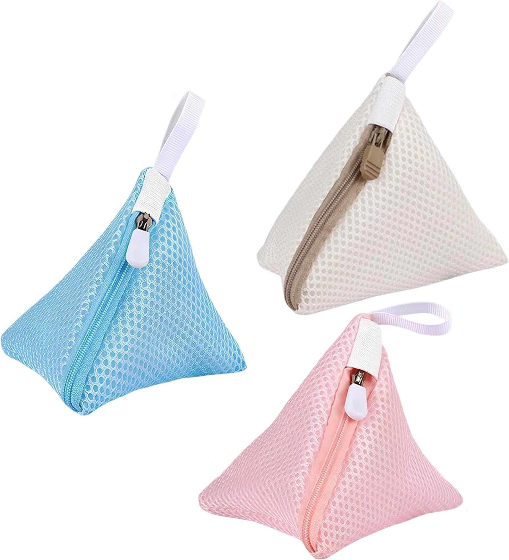 3 Pack Mini Triangle Laundry Bags for Washing Machine, Small Mesh Wash Bags for Delicates, Polyester Laundry Net with Zipper & Hanging Loop for Bras, Underwear, Socks, Baby Clothes (Blue, Pink, Beige)