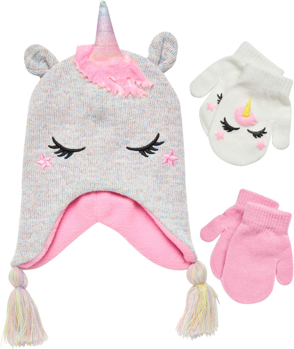 ABG Accessories Girls Critter Winter Hat and 2 Pair Gloves or Mittens (Toddler/Little Girls), Size Age 2-4, Unicorn Mittens