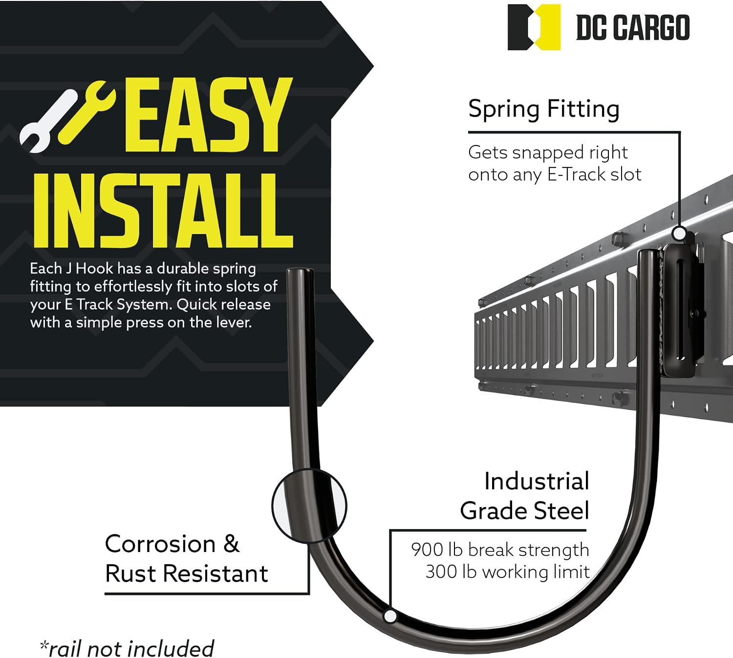 DC Cargo - E Track J Hooks (7" - 10 Pack) - Large Heavy Duty Accessories - Hanging Hooks for Your ETrack Rail System - Use in Enclosed Trailers, Box Trucks, Vans, Garage, Workshop & Warehouse