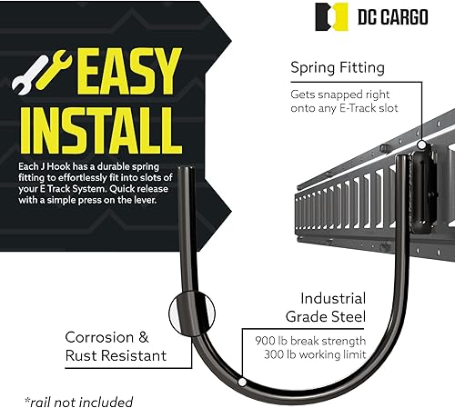 Miniatura 3 de DC Cargo - Ganchos E Track J (7 pulgadas, paquete de 2) - Accesorios grandes y resistentes - Gancho colgante para tu sistema de riel ETrack - Uso en