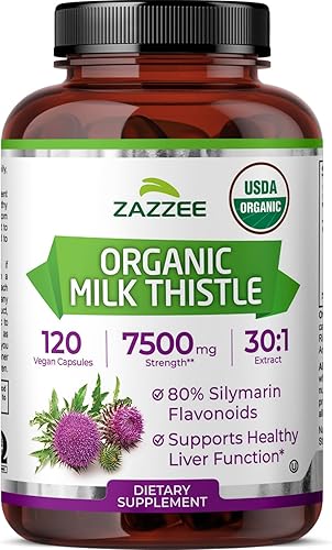 Zazzee USDA Organic Milk Thistle 30:1 Extracto 30:1, 7500 mg de fuerza, 120 cápsulas veganas, 80% flavonoides de silimarina, extracto estandarizado