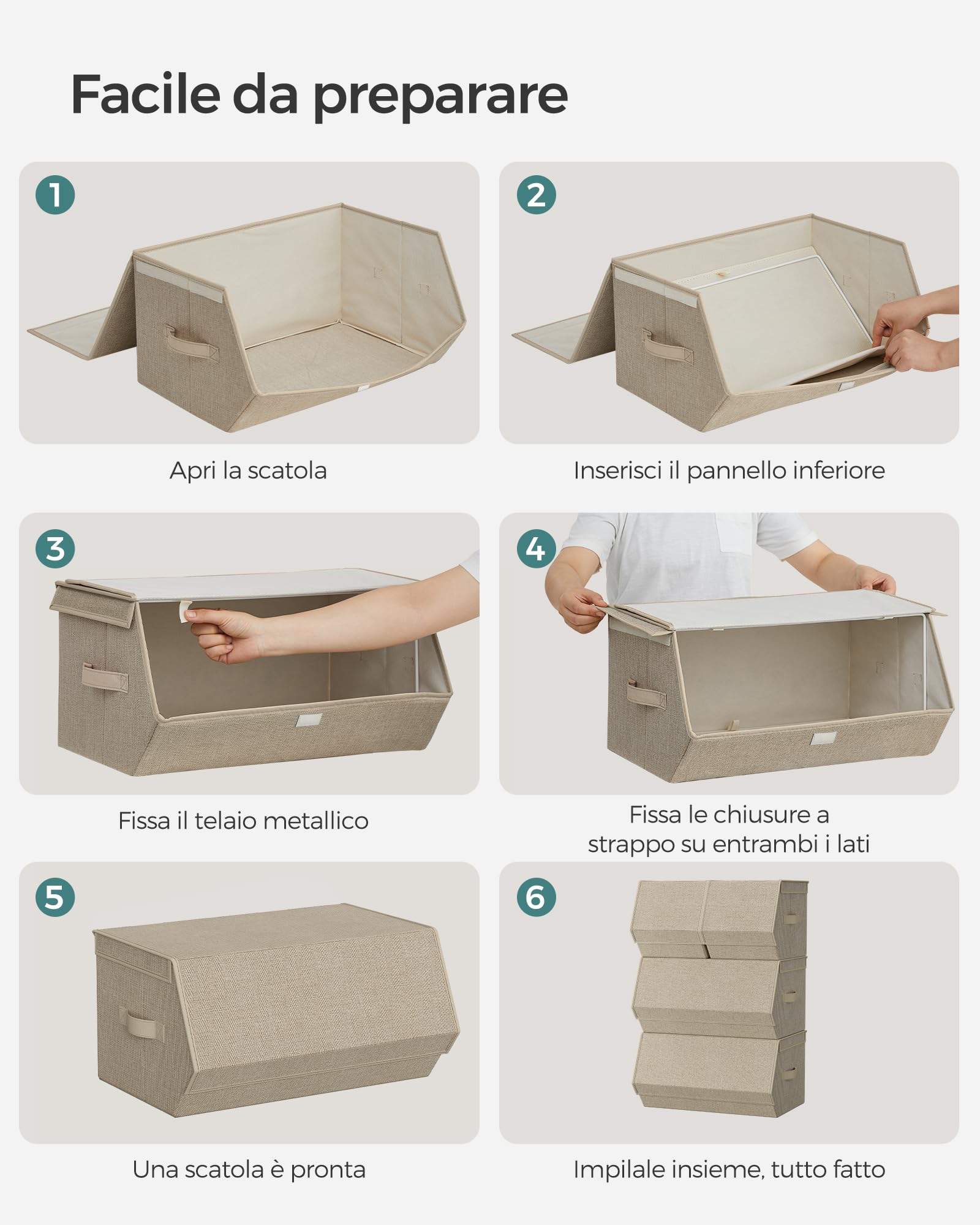 SONGMICS Set di 4 Scatole con Coperchio, Organizzatori Impilabili | Contenitori con Chiusura Magnetica, in Tessuto, Struttura in Metallo, Beige Sabbia, Collezione TINA RLB022Y02V1