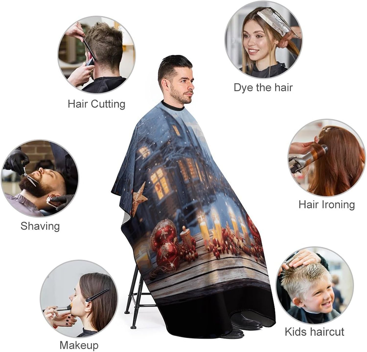 Christmas Atmosphere Apron for Women Men,Barber Cape with Adjustable Snap Closure,Hair Cutting Cape,66.9 X 56.7 Inches for Hair Dye, Comb-out, Styling, Shampoo