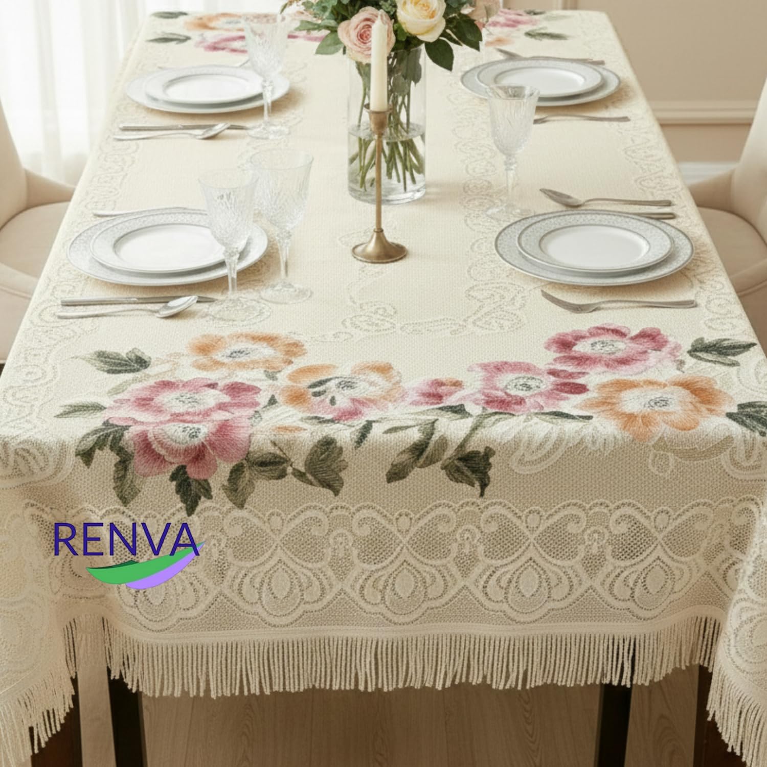 RENVA 4 Seater Cotton Dining Table Cover Durable Table Cover Cloth for Kitchen Table Cloth for Home, Hotel, Office & Restaurant | Table top Reusable Table Covers Washable 3