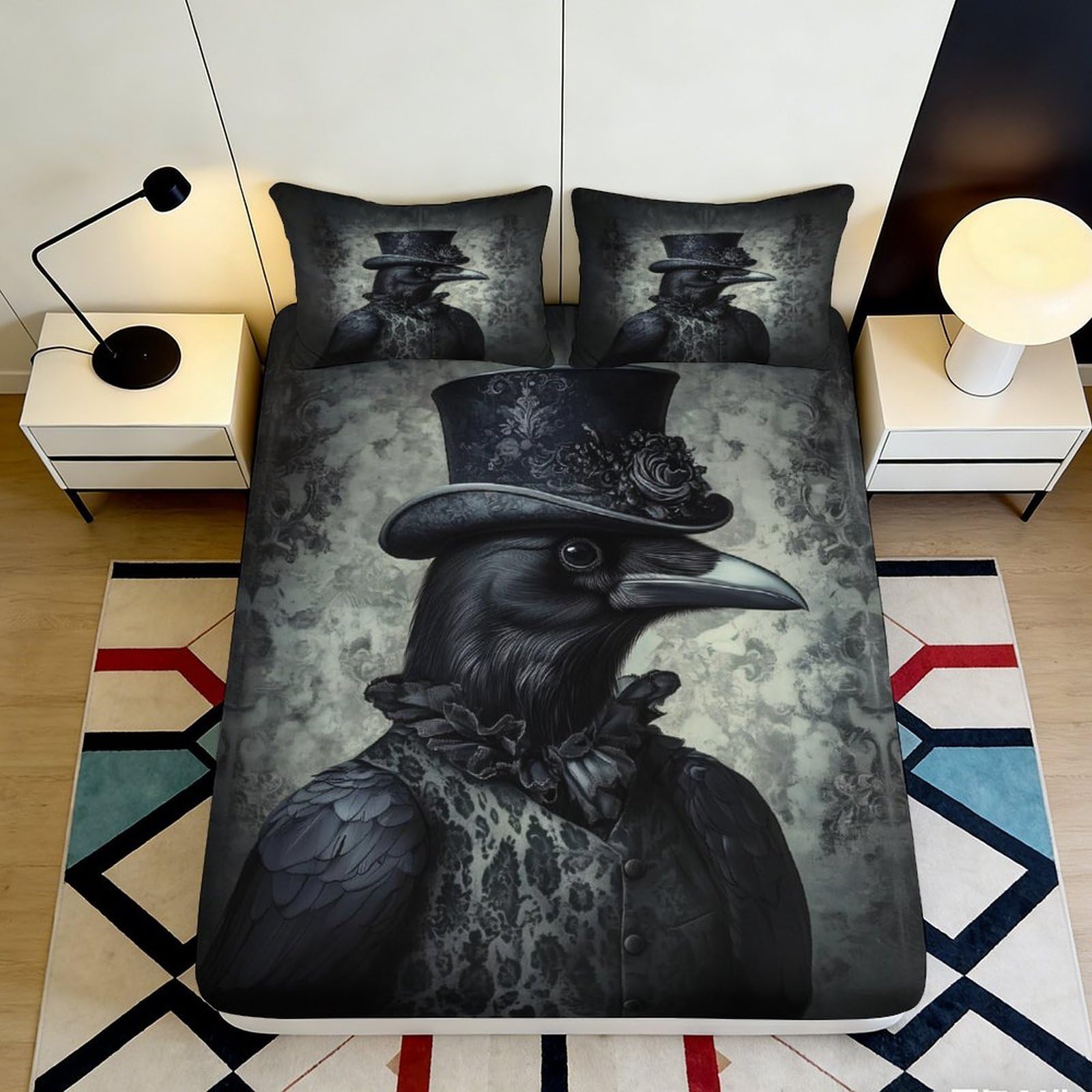 3D Printed Victorian Raven Fitted Sheet Microfiber Gothic Crow Top Hat Mattress Cover Bedroom Decor 120x200cm 90x200x25cm