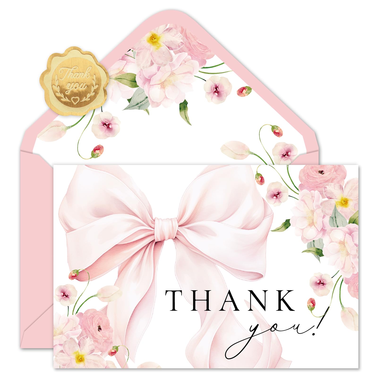 Whaline 24 Pack Pink Bow Thank You Cards Coquette Bowknot Floral Note Cards with Envelope Sticker Greeting Blank Card for Girl Birthday Baby Shower