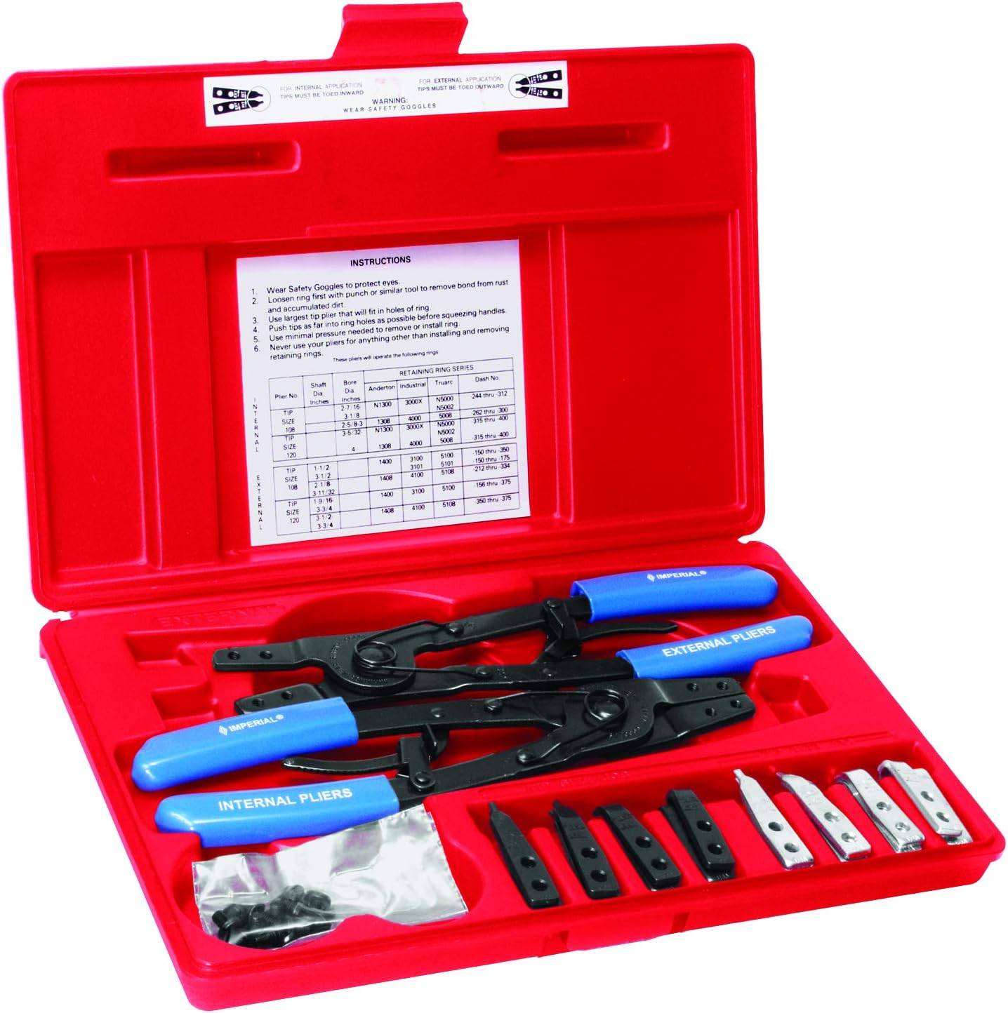 Imperial Tool IR50K Heavy Duty Replaceable Tip Retaining Ring Plier Kit for 1 1/2" to 4" Rings