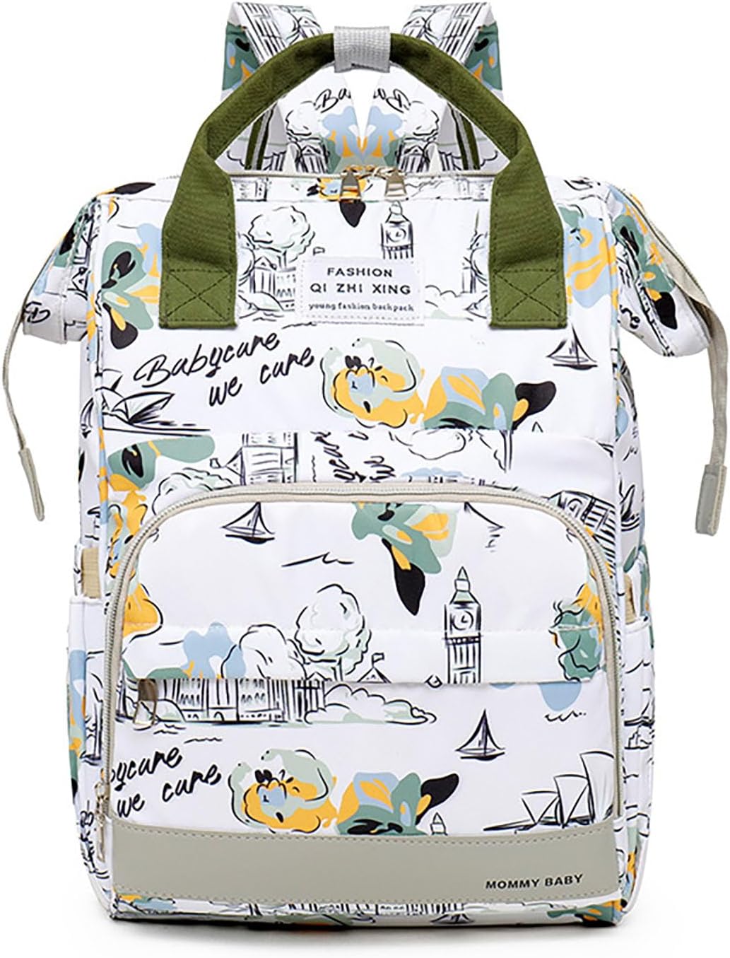 Photo 1 of Stylish Print Diaper Bag Backpack with Insulated Pockets Side Paper Pocket Mama Baby Travel Bag (White Green)