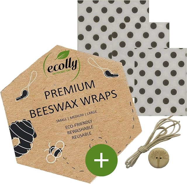 Zestaw 3 okładów z wosku pszczelego (S, M, L), papier z wosku pszczelego, wosk pszczeli Wrap, bez plastiku i wielokrotnego użytku, BEZ oleju jojoba, w tym guziki i nici bawełniane - szare plamy