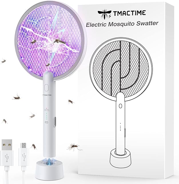 TMACTIME Electric Fly Swatter, 4000V Electric Bug Killer with USB Charging 3 Layer Mesh Outdoor Indoor Fly Swatter Electric Zapper for Mosquitoes, Bees, Moths (White)