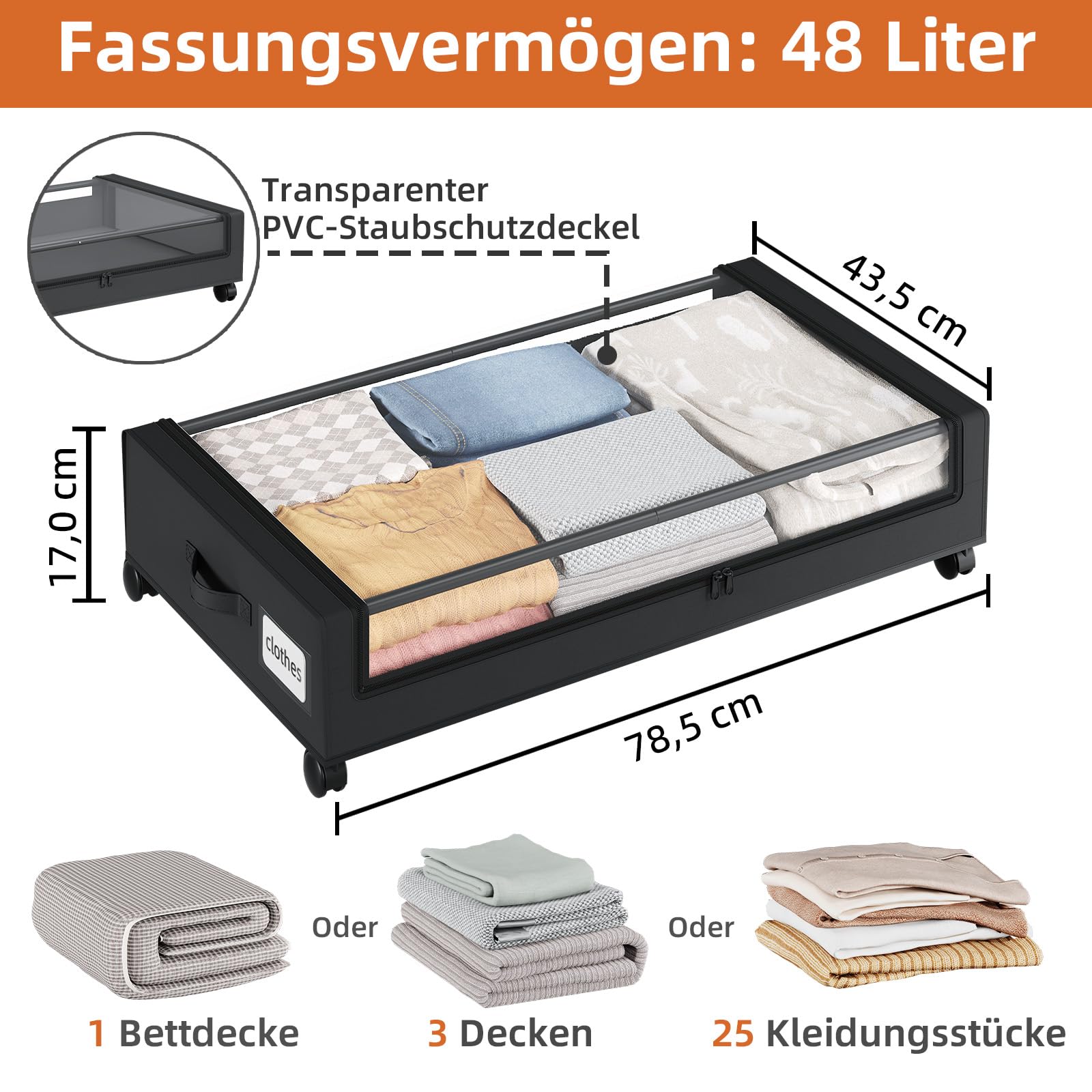 Somdot Unterbett Aufbewahrungsbox mit Rollen, 48L, 4er-Set, Schwarz | Bettkasten, Unterbettkommode mit Rollen, Sichtfenster, Großer Stauraum für Schuhe, Kleidung, 43,5T x 78,5B x 17H