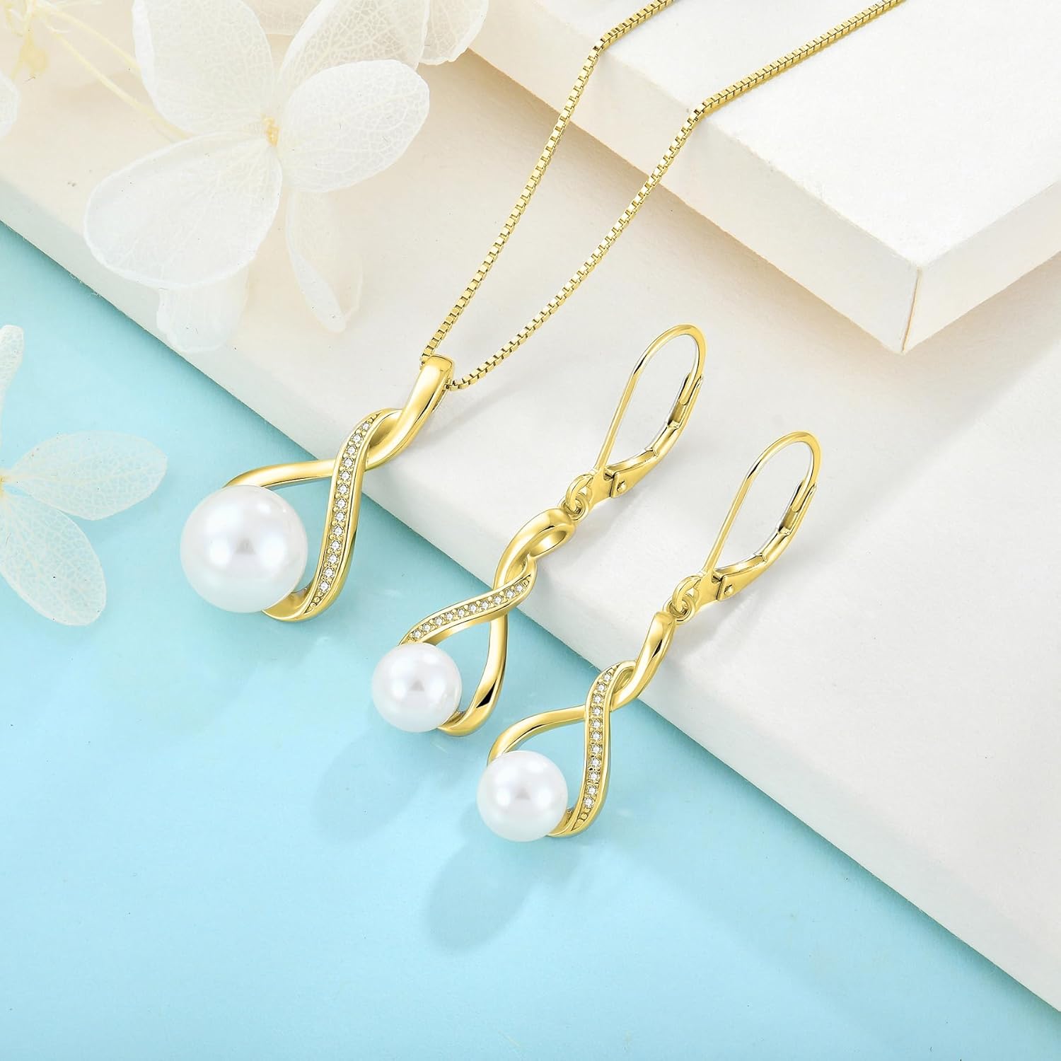 Freshwater Pearl Drop Earrings for Women 925 Sterling Silver Infinity Dangle Leverback Earrings Pearl Jewelry Gifts for Her - Image 5