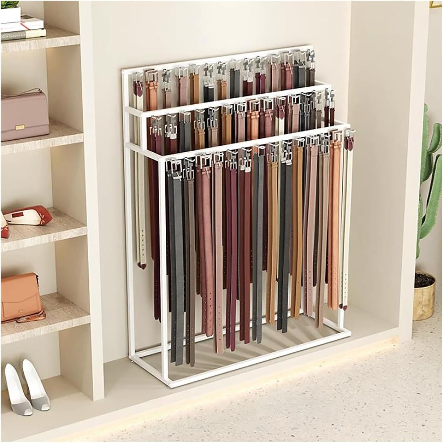 Organizer Holder Household Metal Men Closet Display Stand Organizer, Floor Mounted Belt Hanger, Ties Scarf Rack Shawls Purse Shelf for Clothing Bedroom Store Retail Business, Space Saving(Black,80x40x